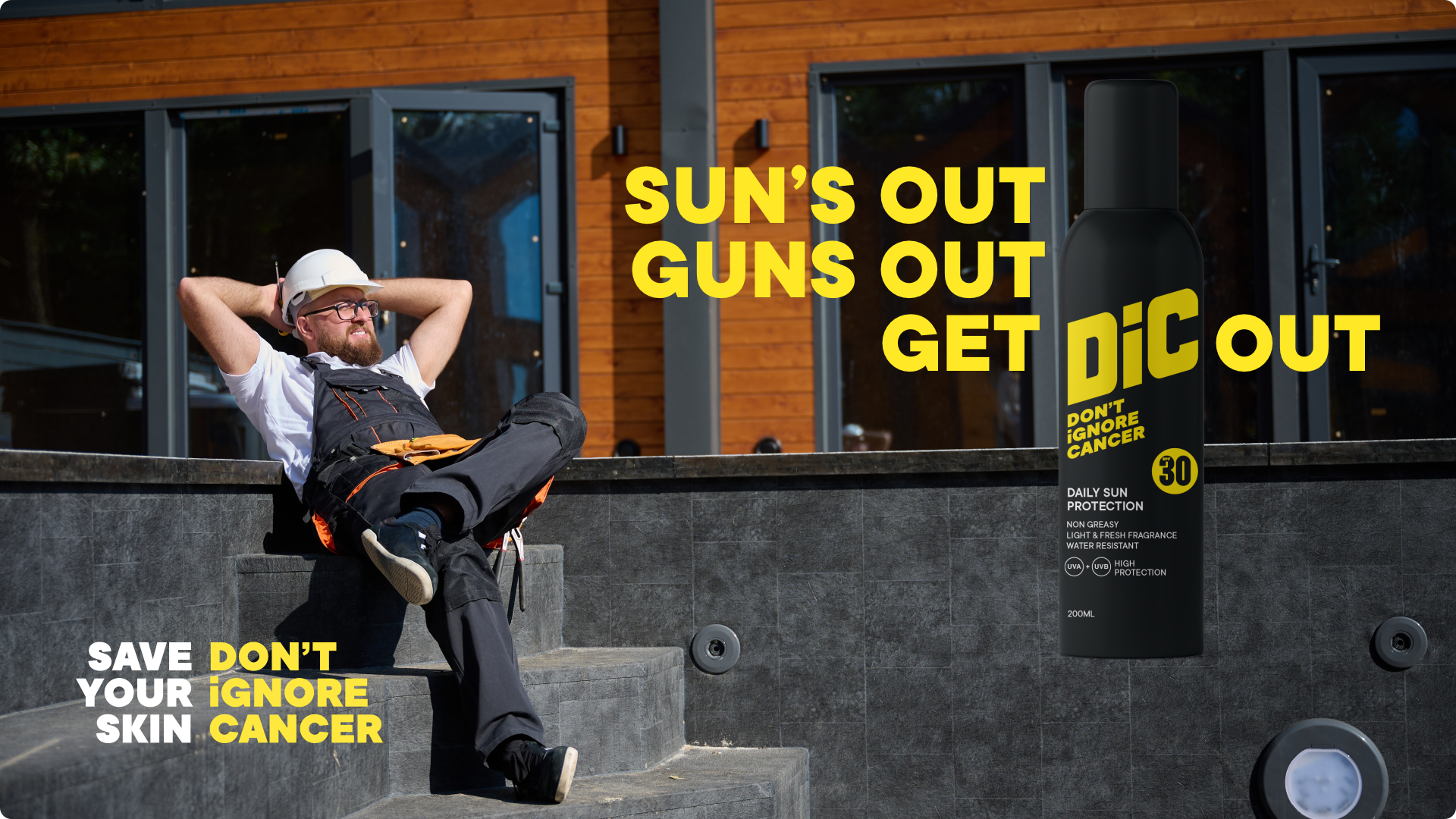 Man in builder outfit lounging with the caption 